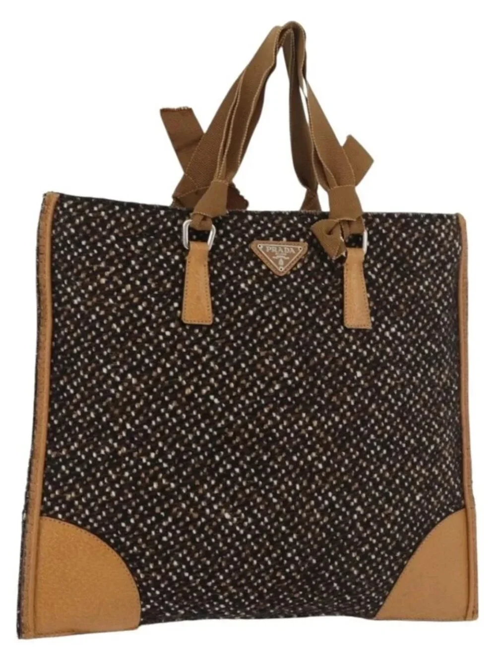 PRADA Hand Bag Canvas Brown Silver Auth 175566A